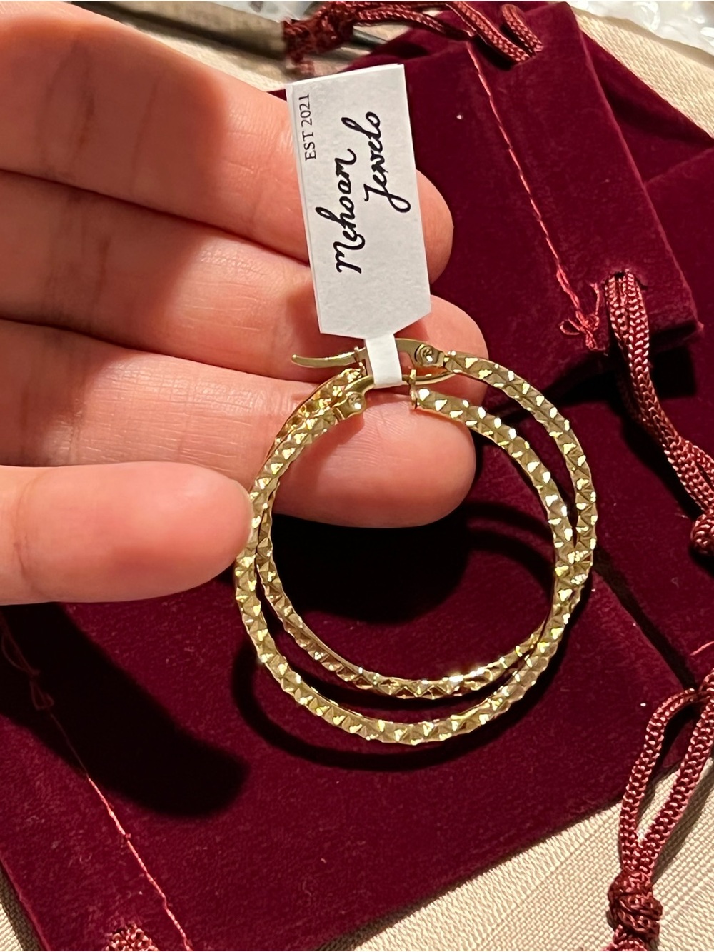 18k Gold Filled Textured Hoop Earrings - Picture 2 of 6